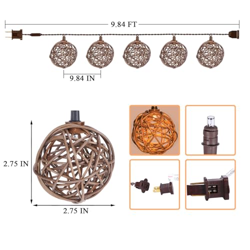 Vigdur Rattan Ball String Lights, Boho Lantern String Lights with 10 Led Bulbs Connectable, Indoor Outdoor String Light for Bedroom Wedding Garden Party Backyard Decor, 9.84FT - color: White