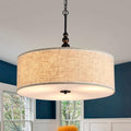 Shrine Lighting Drum Chandeliers, Farmhouse Style, Perfect Drum Pendant Light for Dining Room, D21'' x H8'', Adjustable Chains 59'', E26*3 Sockets, Beige Linen Fabric Lampshade & Black Rod - color: Beige&Black D20''