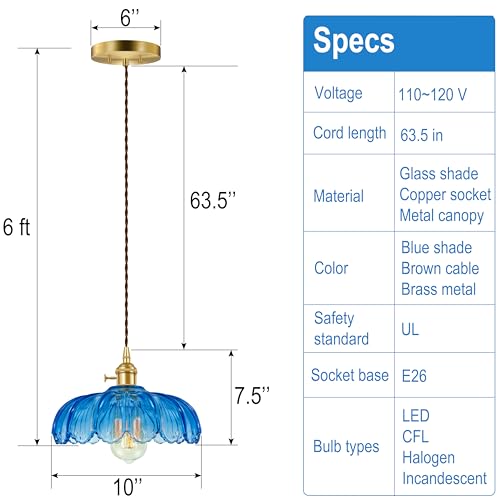 Hardwired Pendant Light Fixture, Hanging Light Fixture, Glass Shade Pendant Light with Rotary Switch, Modern Lamp for Kitchen Island, Bedroom, Dining Room, Living Room (Blue, 6 Ft Cord) - color: Blue, size: 6 ft