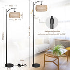 Arc Floor Lamp with Remote Control, Dimmable LED Floor Lamp with 3 Color Temperature, Black Standing Lamp with Rattan & Fabric Double Drum Shade, Boho Farmhouse Tall Pole Lamp for Living Room Bedroom - style: Bohemian