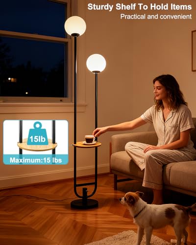 63IN 2-Globe Floor Lamp Dimmable Tall Standing Lamps with Table 3000K Warm White Unique Vintage Modern Mid Century Floor Lamp with 5Lbs Heavy Base for Living Room-Black - color: 2 Globe-Black