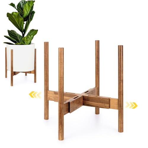 Fox & Fern Large Adjustable Plant Stand Indoor — 11 to 15 Inch Mid Century Bamboo Plant Stand - Plug In Design - Easy to Assemble - Two Heights - For 11, 12, 13, 14 & 15 Inch Pots (Not Included) - color: Polished Bamboo, size: 11 - 15 Inch - Adjustable