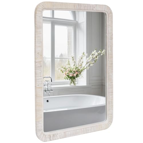 FUIN 20" x 30" Rattan Wicker Rectangle Wall Mounted Bathroom Mirror for Coastal Boho Nursery Decor, White Wash - color: White Wash, size: 30"L x 20"W