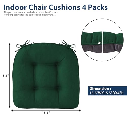 IASEAHK Chair Cushions for Dining Chairs, Seat Cushions for Kitchen Chairs, Indoor Seat Cushions with Ties, Tufted Foam Chair Pads, Non Slip Chair Cushions Set of 6, 15.5" x 15.5" x 4", Dark Green - color: Dark Green, size: Pack of 6