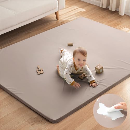 Blissful Diary Vegan Leather Baby Play Mat, 71x59 Thicken Foam Cushioned & Waterproof Playpen Mat for Infants and Toddlers, Stylish and Just Wipe-Clean Playmat for Baby Play on Floor, Taupe - color: Taupe, size: 71" X 59"