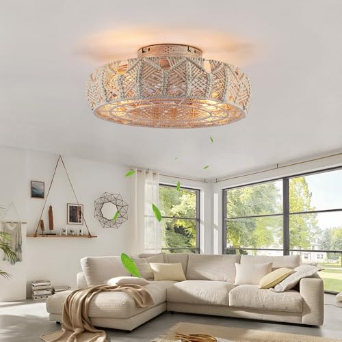 Boho Caged Ceiling Fans with Lights and Remote 20" Flush Mount 6-Speed Reversible Enclosed Low Profile Handmade Cotton Rope Bladeless Ceiling Fan with Light,for Bedroom, Living Room, Kitchen - color: Yellow