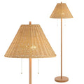 JONATHAN Y 61" Brown Wood Finish 2-Light Coastal Bohemian LED Floor Lamp for Living Room, Brown Rattan Shade, Mid-Century Modern Tall Standing Lamp, Pull-Chain, LED Bulbs Included JYL3092A - color: Brown Wood
