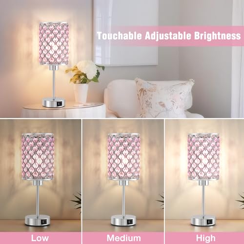 GyroVu Crystal Table Lamp, Pink Touch Lamp with USB C+A Ports, Dimmable Lamp with Crystal Shade, Bedside Lamp Small Lamp for Girl Bedroom, Living Room(Buld Included) - color: Pink, size: 14.75"