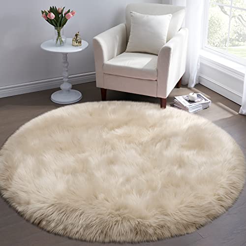 Tangsoo Round Faux Fur Rugs, Sheepskin Round Rugs 3ft, Soft Small Circle Rug, 3x3 Beige Fuzzy Plush Fur Rug, Shag Circular Rugs Floor Carpet for Bedroom, Kids Room, Nursery, Girls Room, Dorm - color: Beige, size: 3' (Round)