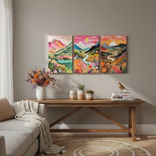3Pcs Colorful Watercolor Mountain Canvas Wall Art Boho Floral Painting Picture Wall Decor Abstract Nature Landscape Poster Print Artwork for Living Room Bedroom Bathroom Office Home Decoration 12x16in - color: Colorful Mountain Canvas, size: 12x16 in