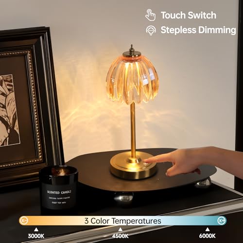 Shenmoyl Tulip Table Lamp with 5000mAh Battery & Touch Control, Cordless Table Lamp with 3 Colors, Dimmable Rechargeable Table Lamps for Bedroom, Nightstands, Living Room, Entryways (Amber Tulip) - color: Amber Tulip, size: 1 Pack