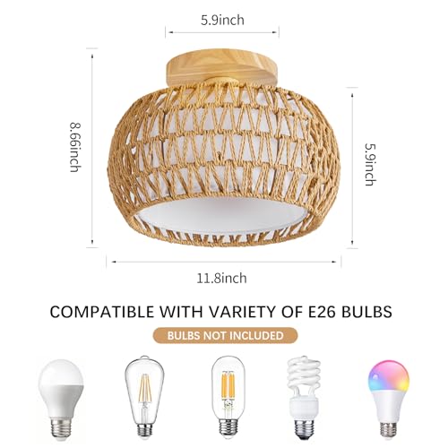 Rattan Ceiling Light Fixture，3 Style Options Boho Flush Mount Ceiling Lights, Hand-Woven Rattan Chandelier,Mini Bohemian Wicker Light Fixtures, Farmhouse Light Fixture for Bedroom Hallway Entryway - color: Light Brown