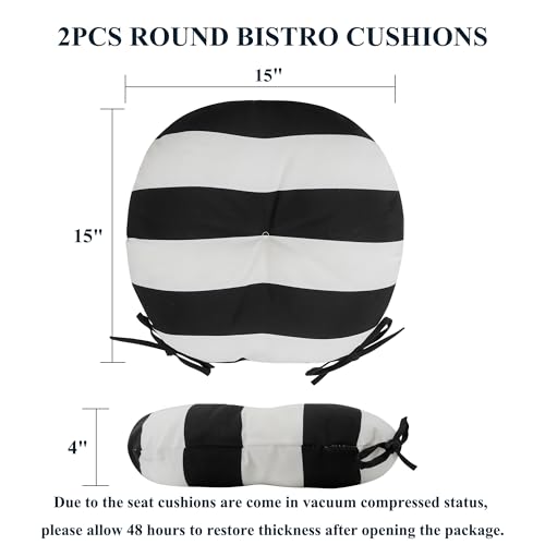 FUNHOME 15"x15"x4" Bistro Chair Cushion Set of 2, Water Repellent Round Outdoor Chair Cushions with Ties, Patio Tufted Chair Pads for Home Garden (Black White Stripe) - color: Black White Stripe