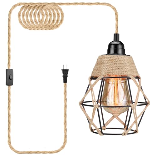 Plug in Pendant Light, Industrial Hanging Light with Plug in Cord, Hemp Rope On/Off Switch Farmhouse Pendant Light, Hanging Lamps for Dining Room - color: Beige