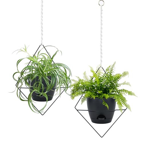 Koalaime Hanging Planters for Indoor Plants, 2 Set Self Watering Hanging Flower Pots, Modern Hanging Plant Baskets with Metal Plant Holder & 6.5 Inch Plastic Pots for Garden Home Decor (Black) - color: Black Frame Black Pot