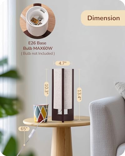 EDISHINE Wood Table Lamp, 13.5" Small Bedside Lamp, Beige Linen Shade, Rosewood Cylinder Nightstand Lamp for Bedroom Living Room, On-Off Line Switch, E26 Base (Bulb Not Included) - color: Dark Walnut Color