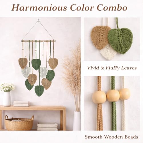 TUDRUKU Macrame Wall Hanging, Green Leaf Boho Wall Decor, 15.7 x 36 in - color: Green