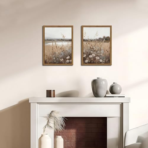 Framed Vintage Wildflower Wall Art Set of 2, Retro Country Floral Canvas Wall Decor Paintings, Farmhouse Field Landscape Posters Prints for Bedroom Bathroom Living Room Home Decor 16x24In Wood Frame - color: Brown Vintage, size: 24L" x 16W"