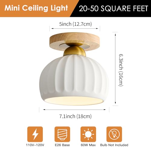 Ceramic Semi Flush Mount Ceiling Light - 2 Pack, Vintage Wood Gold Hallway Light Fixtures, White Globe Ceiling Lights,Mid Century Small Chandelier Light Fixture for Cottage Entryway Laundry Room Foyer - color: Frosted Ceramic-Wood