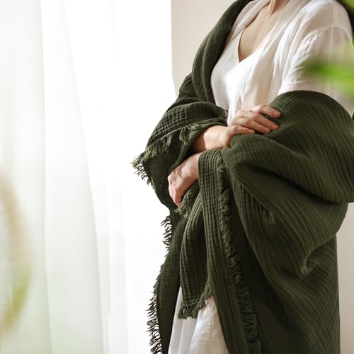 MooMee Muslin Blanket - 100% Cotton 4-Layer Gauze Throw Blanket with All-Around Fringe, Soft Breathable Lightweight Cooling Summer Blankets for Bed Couch (Olive Green,Twin XL 66" x 90") - color: Olive Green, size: Twin XL