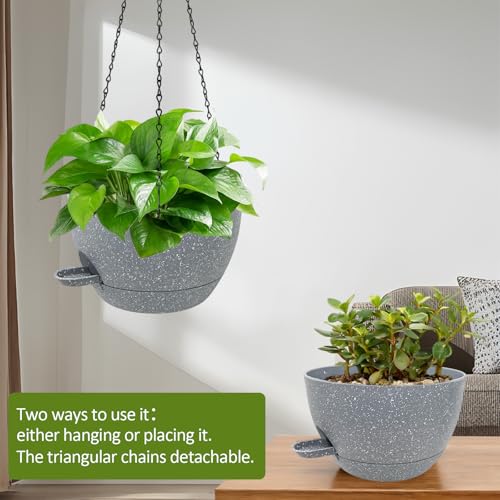 WOUSIWER Self Watering Hanging Planters, 2 Pack 10'' Plastic Pots with Drainage Holes & Reservoir Tray (Speckled Grey) | Indoor & Outdoor Use for Ferns, Ivy, Herbs, Succulents - color: Grey Speckled, size: 2 Pack 10 inches