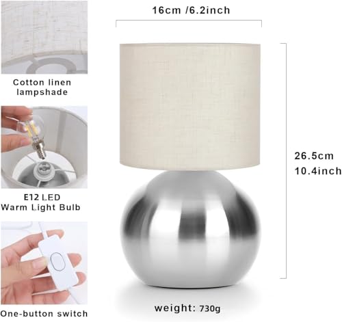 Modern Silvery Small Table Lamp with Cotton Linen Shade, 6.2×6.2×10.4 inch LED Desk Light, One-Button Switch for Bedroom, Living Room, Nightstand, Includes Warm Light Bulb - color: Silvery, size: Pack of 1