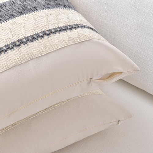 Fancy Homi Set of 2 Neutral Grey Farmhouse Decorative Throw Pillow Covers 16x16 Inch for Couch Bed Chair Indoors, Vintage Country Rustic Retro Room Decor, Soft Thick Cotton Handmade Woven Cushion Case - color: Gray, size: 16" x 16" (Pack of 2)