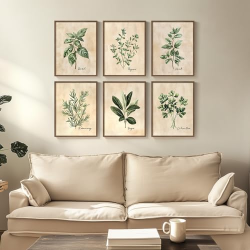 Framed Sage Green Botanical Wall Art for Kitchen, Set of 6 Rustic Herb Canvas Prints Artwork for Modern Farmhouse Walls, Herbs Spices Plant Leaf Pictures for Dining Room Living Room Bedroom Wall Decor - color: Herbs - Walnut Framed, size: 11" W x 14" H x