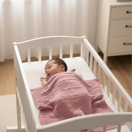 Baby Knit Cotton Blanket Rose Pink Heart Texture Soft Cotton Nursery Crib Throw for Baby Shower Birthday Size 30x40 - color: Rose Pink, size: 30"x40"