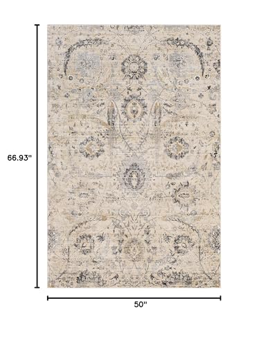 Hauteloom Obsidian Rustic Farmhouse Living Room Bedroom Dining Room Area Rug - Turkish Style - Traditional Floral Look - Bluish Medium Grey, Beige, Light Brown, Cream, Black - 4'3" x 5'7" - color: Beige, Black, Charcoal / Sunnyside, size: 4'2" x 5'7" (Rec