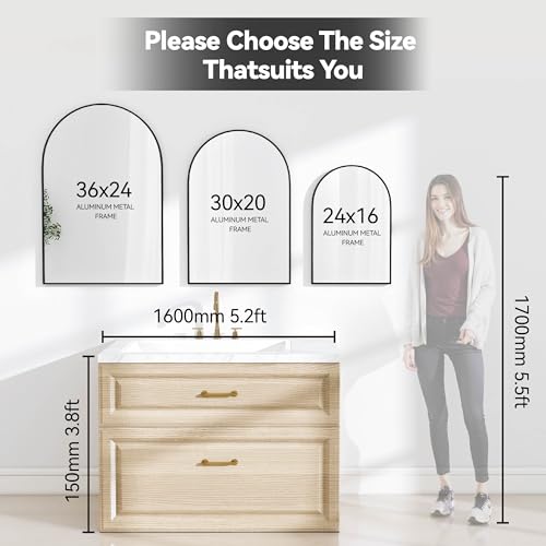 SCWF-GZ 36x24 Arch Mirror Rectangle Full Length Wall Mounted Hanging or Against Wall Metal Aluminium Alloy Frame Dressing Make-up Mirrors for Entryway Bedroom Bathroom Living Room 36 24 inch Black - color: Black, size: 36"L x 24"W