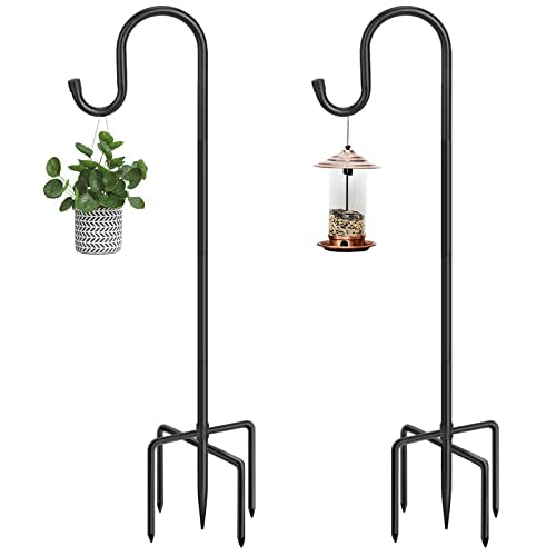 48 Inch Shepherds Hooks for Outdoor, Heavy Duty Bird Feeder Pole with 5 Prong Bases, Garden Hanging Stake for Bird Feeder, Solar Light, Plant Hanger, Wedding Decor, Metal Hanger Hooks, Black, 2 Packs - size: 48 Inch, style: 2 Pack