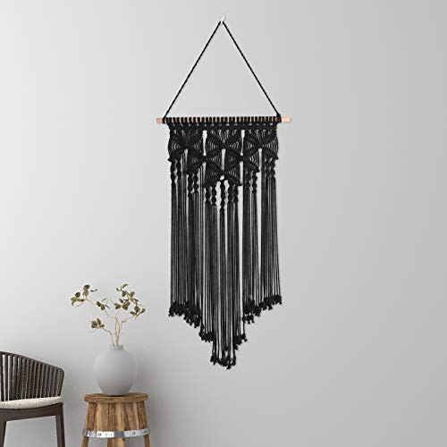 Macrame Woven Wall Hanging Tapestry Bohemian Wall Art Boho Chic Home Decor Wall Pediment, Black, 16x28 Inches - color: Black