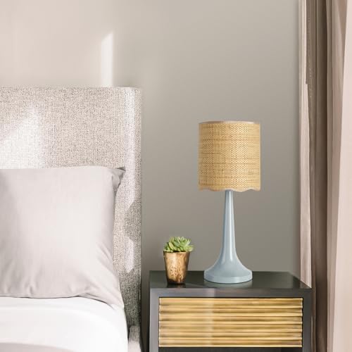 Light Blue Rattan Small Table Lamp for Bedroom, Light Blue Wicker Lamps for Bedside Nightstand, Rattan Shade Small Table Shape Lamps for Small Spaces for Kitchen Counter, Home Office, Living Room - color: Blue