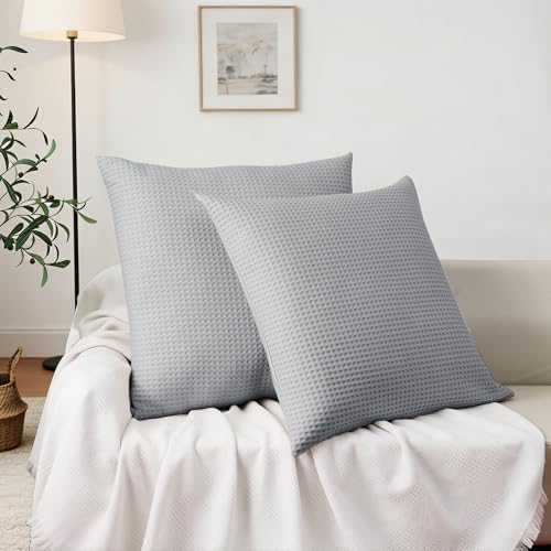 Shunjie.Home 100% Cotton Waffle Weave Throw Pillow Covers Set of 2, 600TC Solid Reverse Side, Hidden Zipper Closure, Skin-Friendly & Durable Decorative Euro Shams for Couch Sofa Bed, Gray, 18"x18" - color: Gray, size: 18" x 18" (Pack of 2)
