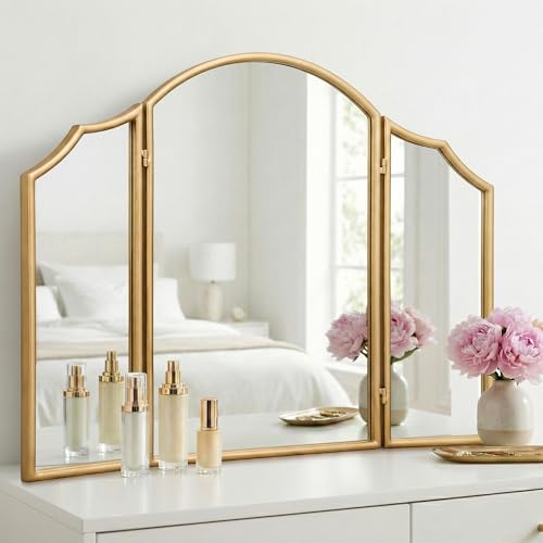 Besdomus Gold Scalloped Vanity Mirror: 36"x24" Large Modern Three Sided Dresser Miror - Minimalist Wood Frame 3 Way Trifold for Bedroom/Cloakroom/Dressing Room - Home Decor for Housewife - color: Gold Leaf, size: 24"L x 36"W