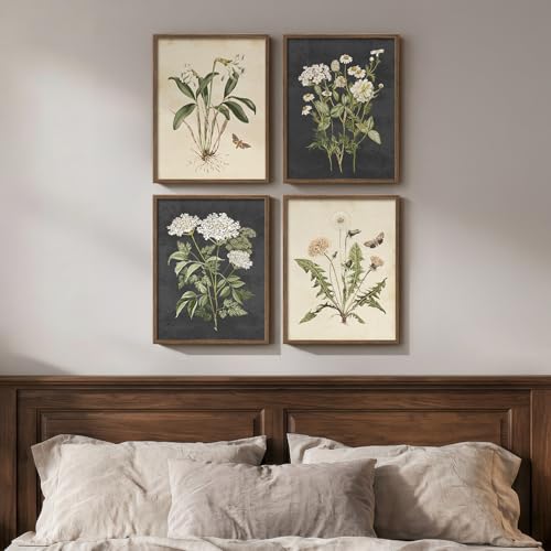 Framed Vintage Botanical Wall Art Bedroom, 4 Piece Rustic Farmhouse Floral Canvas Prints Artwork, Neutral Flower Butterfly Pictures for Modern Farmhouse Living Room Kitchen Bathroom Wall Decor, 11x14 - color: Vintage - Walnut Framed, size: 11" W x 14" H x