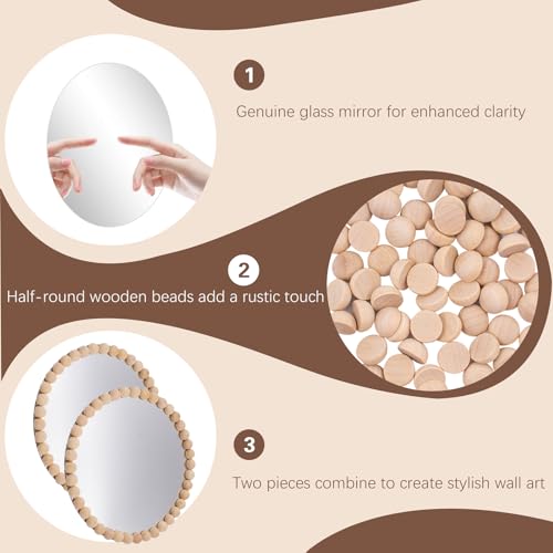 2 Set Boho Mirror Wall Décor DIY Kit, 8" Round Glass Mirror with Wood Beads, Rustic Farmhouse Decorative Wall Art for Living Room, Bedroom, Entryway (Assembly Required)
