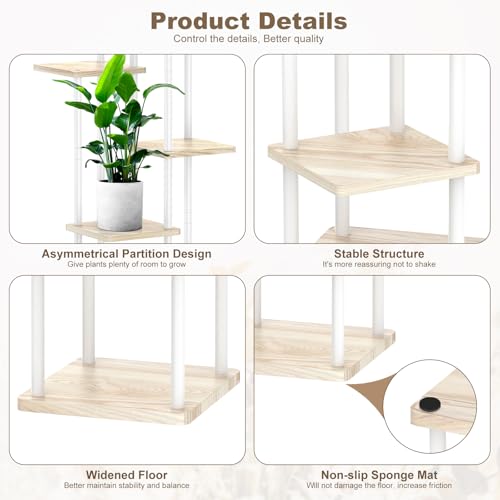 6 Tier Plant Stand Indoor, Thickened Metal Wood Corner Plant Shelf Stands for Multiple Plants, Indoor Tall Plants Stand Tiered Flower Holder for Living Room Patio Garden Balcony(White+Oak) - color: White+Oak, size: 6 Tier