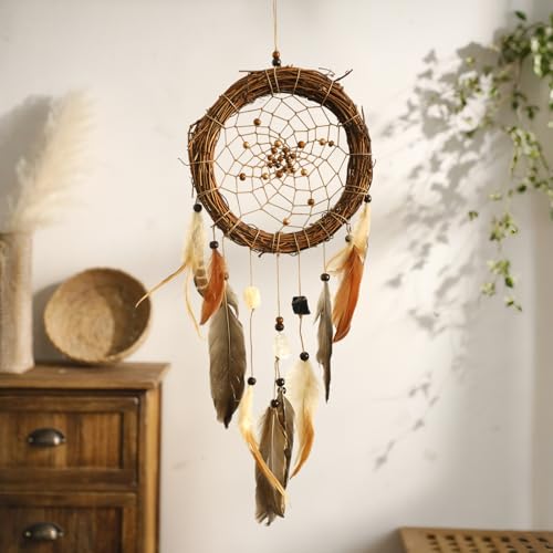 Dream Catcher Native American Boho Dreamcatcher Rattan Wall Decor, Handmade Natural Healing Crystal Stones Feathers Hanging Ornament Indian Decor for Bedroom Living Room - color: Brown With Crystal