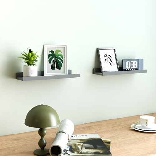 Floating Shelves for Wall Decor, Wall Mounted Wood Storage Shelf for Bedroom, Living Room, Bathroom, Kitchen, Nursery, Display Picture Ledge Shelf with Lip Set of 2-14 Inches, Grey - color: Grey, size: 13.6in