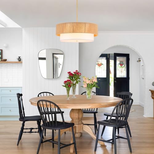 24'' Farmhouse Rattan Chandeliers for Dining Room,3-Light Boho Light Fixtures Rattan Pendant Light Fixture with Fabric Shade Drum Chandeliers for Bedroom Dining Room Foyer Kitchen Hallway - color: Gold, size: 24 inch Drum