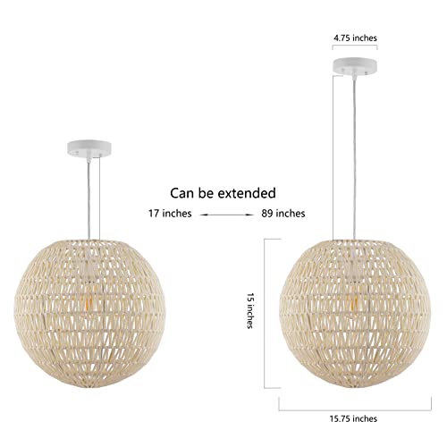 JONATHAN Y 15.75" Cream/White 1-Light Modern Bohemian Woven LED Pendant Light, Adjustable Hanging Ceiling Lamp for Kitchen Island Dining Room, Paper Wicker Shade, Bulb Included (JYL6503B) - color: Cream