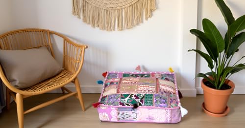 CRAFT KALA Indian Square Patchwork Traditional Pouf Cover Indian Living Room Poufs Decorative Embroidered Designer Ottoman Home Living Footstool Chair Cover Decor Pillow Cover 22x22x5 inches Baby Pink - color: Baby Pink, size: 22"D x 22"W x 5"H