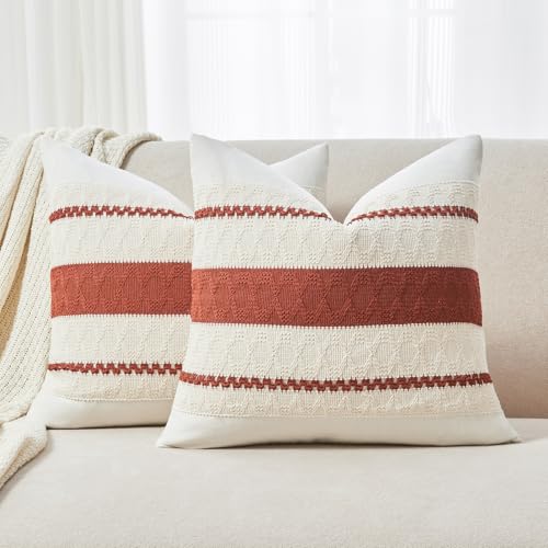 Throw Pillow Covers Set of 2 18x18 Inch Boho Pillow Covers, Soft Neutral Cotton Rust Decorative Fall Case for Couch Sofa Bed Living Room, Home Modern Woven Farmhouse Cute Decor - color: Rust, size: 18" x 18" (Pack of 2)