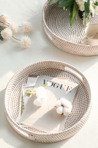 HITOMEN 11.8" Hand-Woven Round Rattan Serving Tray Decorative Wicker Trays with Handles for Coffee Table (Whitewash-M) - color: Whitewash, size: Medium (11.8 inches)