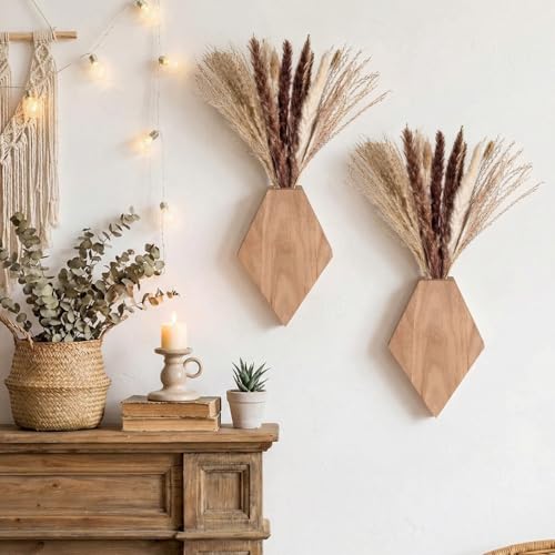 2 Pcs Bohemian Wooden Wall Planter Set with Pampas Grass Modern Farmhouse Wall Decor for Living Room, Bathroom, Bedroom, Office(Original Wood Color,Regular Style) - color: Original Wood Color, style: Regular Style