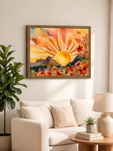LBTZEVIR Framed Boho Sunset Wall Art 16x12 Inch Painting Poster Prints for Bedroom Home Office & Sun Room Decor Tropical Abstract Canvas Art for Living Room - color: The Sun, size: 16"L x 12"W