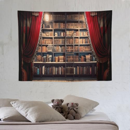 Houselerax Vintage Bookshelf Tapestry Retro Library Wall Hanging Tapestries,Old Books on Shelf Classical Study Room Student Study College Dorm Bedroom Living Room 60"x40" - color: Bookshelf-7, size: W60xL40in