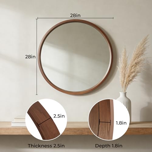 WallBeyond 28 Inch Round Wood Mirror, Large Circle Wooden Frame Wall Mirror for Bathroom, Living Room, Bedroom, Entryway (Walnut) - color: Walnut, size: 28"L x 28"W